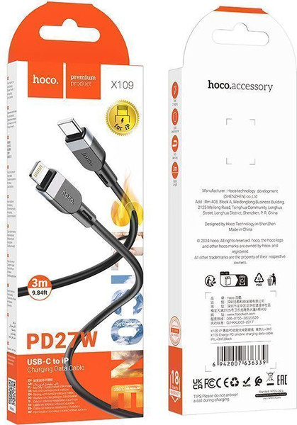 Изображение товара Кабель Hoco X109 Type-C to Lightning (3м, черный)