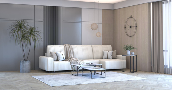 Изображение товара Диван угловой Rivalli Уолтер ШП 1000 + 1000 + оттоманка (Elle Blonde/черный муар)