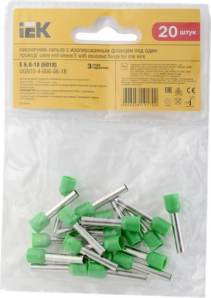 Изображение товара Набор наконечников для кабеля IEK UGN10-4-006-06-18 (20шт, светло-зеленый)