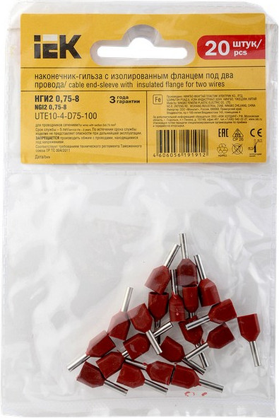 Изображение товара Набор наконечников для кабеля IEK UTE10-4-D75-100 (20шт, темно-красный)