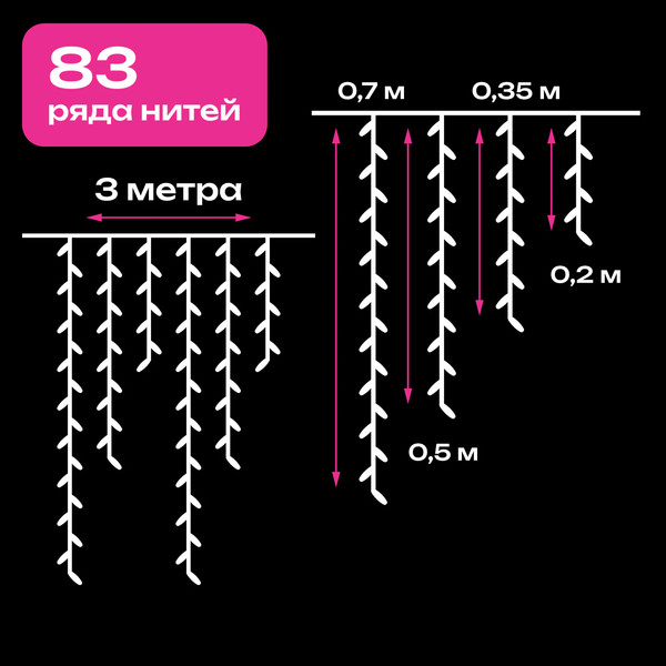 Изображение товара Светодиодная бахрома Золотая сказка 592552 (25x0.7м, холодный белый)