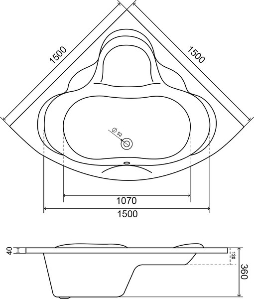 Изображение товара Ванна акриловая Lauter Riviera 150x150 / 21050150 (с каркасом, лицевым экраном и сифоном 21Y11030 хром)
