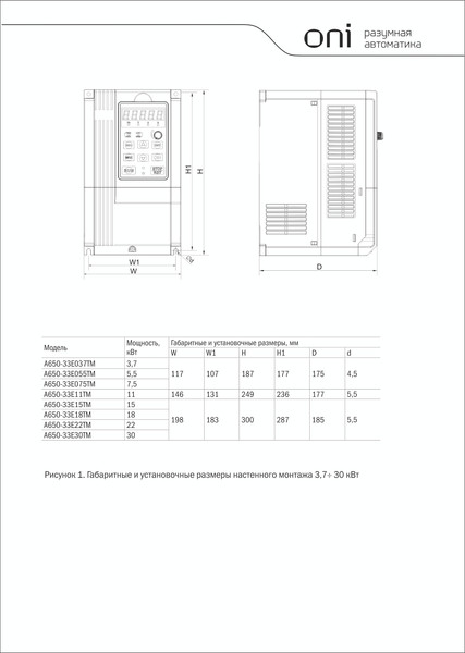 Изображение товара Частотный преобразователь ONI A650 380В 3Ф 30кВт 60А M / A650-33E30TM