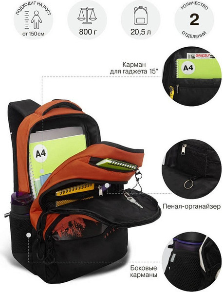 Изображение товара Школьный рюкзак Grizzly RU-630-2 (черный/коричневый)