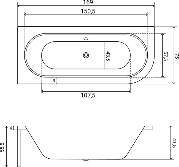 Изображение товара Ванна акриловая Lauter Bliss 170 L / 21201071L (с каркасом, лицевым экраном белого цвета и сифоном 21Y32000 хром)