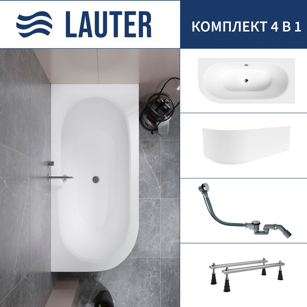 Изображение товара Ванна акриловая Lauter Bliss 170 P / 21201072P (с ножками, лицевым экраном белого цвета и сифоном 21Y32000 хром)