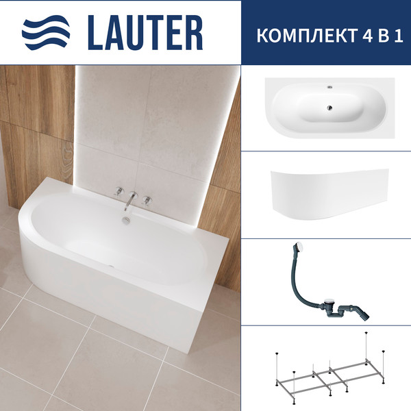 Изображение товара Ванна акриловая Lauter Bliss 170 P / 21201072P (с каркасом, лицевым экраном белого цвета и сифоном 21Y31002 белый)