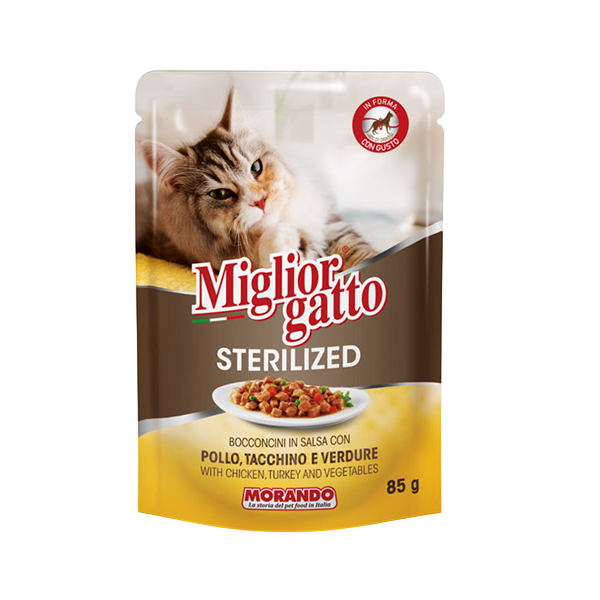 Изображение товара Влажный корм для кошек Miglior Sterilized Кусочки в соусе курица, индейка, овощи (10х85г)