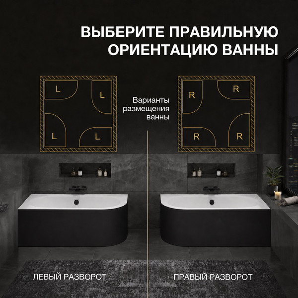 Изображение товара Ванна акриловая Lauter Bliss 170 P / 21201072P (с каркасом, лицевым экраном черного цвета и сифоном 21Y11021 матовый черный)