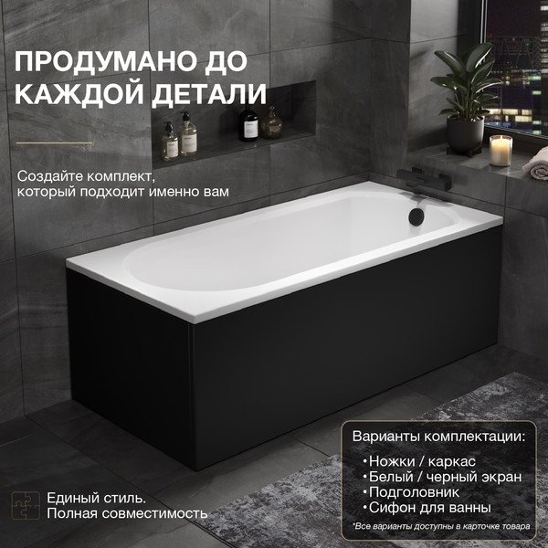Изображение товара Ванна акриловая Lauter Haven 150 /21202005 (с ножками, лицевым экраном черного цвета и сифоном 21Y32001 матовый черный)