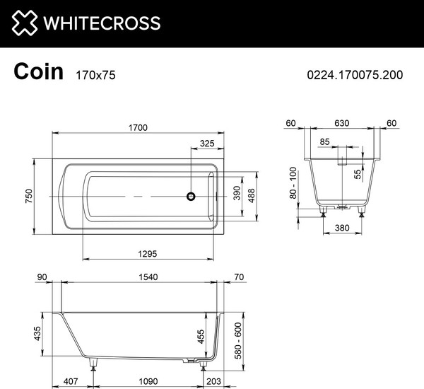 Изображение товара Ванна из искусственного камня Whitecross Coin 170x75 / 0224.170075.200 (белый матовый)