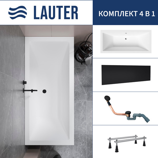 Изображение товара Ванна акриловая Lauter Oasis 170 / 21203070 (с ножками, лицевым экраном черного цвета и сифоном 21Y11021 матовый черный)