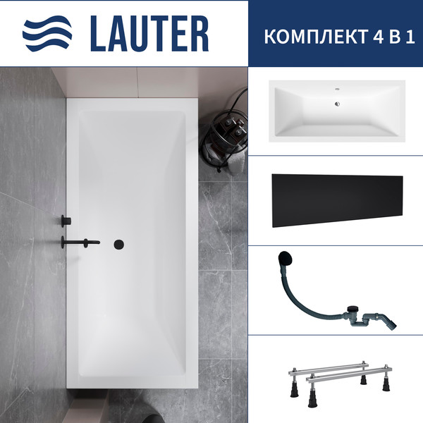 Изображение товара Ванна акриловая Lauter Oasis 170 / 21203070 (с ножками, лицевым экраном черного цвета и сифоном 21Y31001 матовый черный)