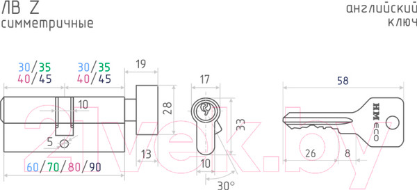 Изображение товара Цилиндровый механизм замка Нора-М ЕСО Z ЛВ-80 45/35в (хром)