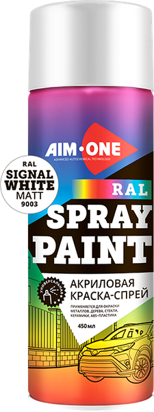 Изображение товара Краска автомобильная AIM-ONE Акриловая RAL-9003M (450мл, сигнальный/белый матовый)