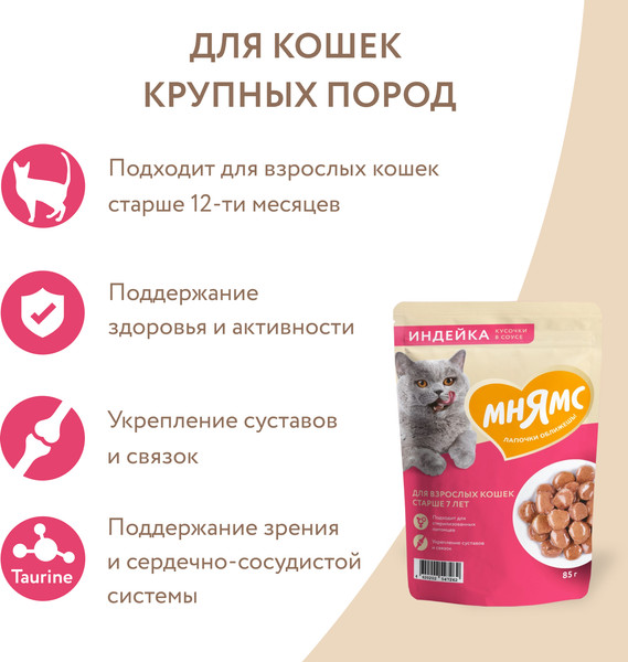 Изображение товара Влажный корм для кошек Мнямс Кусочки в соусе с индейкой для кошек старше 7 лет (85г)