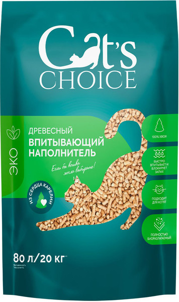 Изображение товара Наполнитель для туалета Cat's choice Древесный впитывающий наполнитель (80л/20кг)