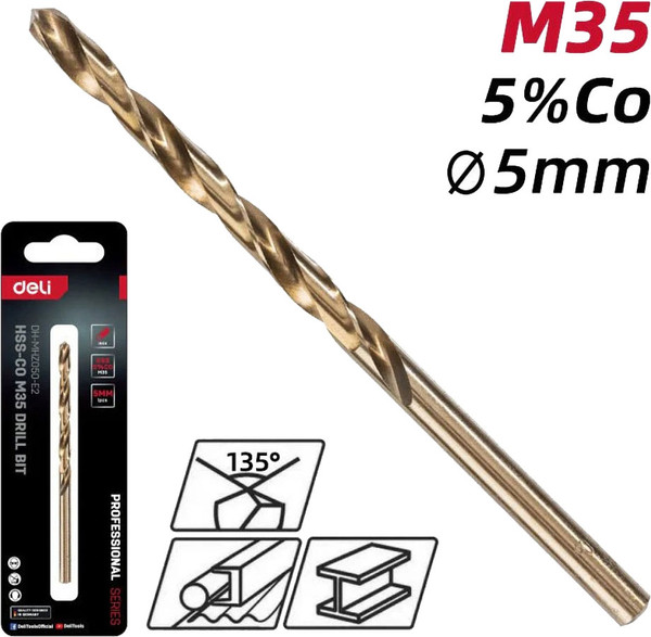 Изображение товара Сверло Deli По металлу RS 5.0мм DIN 338 HSCo 5 / EDH-MHZ050-E2