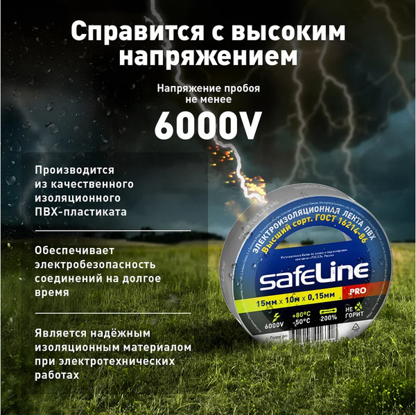 Изображение товара Изолента Safeline 15ммx10м 12121 (серо-стальной)