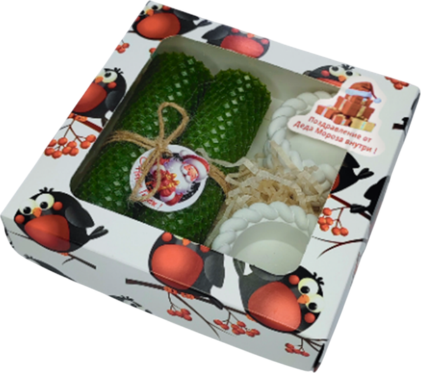 Изображение товара Подарочный набор Ozarich Снегири Новогодний с 2-мя свечами и подсвечниками (зеленый)