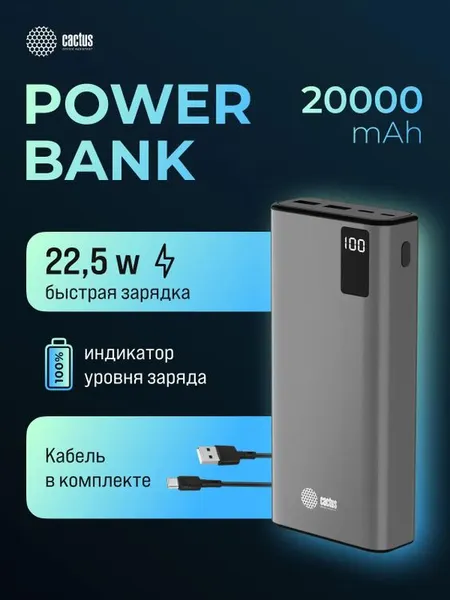 Изображение товара Портативное зарядное устройство Cactus CS-PBFSFA-20000 (серый)