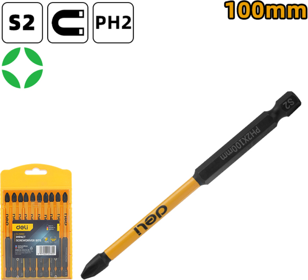 Изображение товара Набор бит Deli PH2x100мм / EDL251100 (10шт)