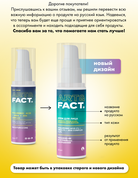 Изображение товара Крем для лица Art&Fact с гиалуроновой кислотой 2%, мочевиной 2% (50мл)