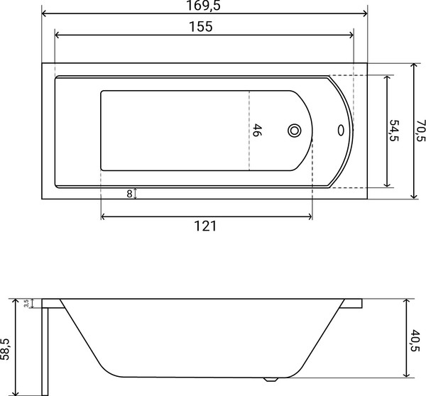 Изображение товара Ванна акриловая Lauter Amelia 170 / 21204070 (с ножками, лицевым экраном черного цвета и сифоном 21Y31001 матовый черный)