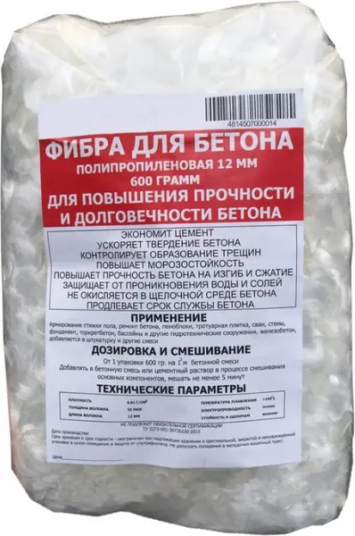 Изображение товара Фибра для бетона Руссеал Полипропиленовая RS-12мм (600г)