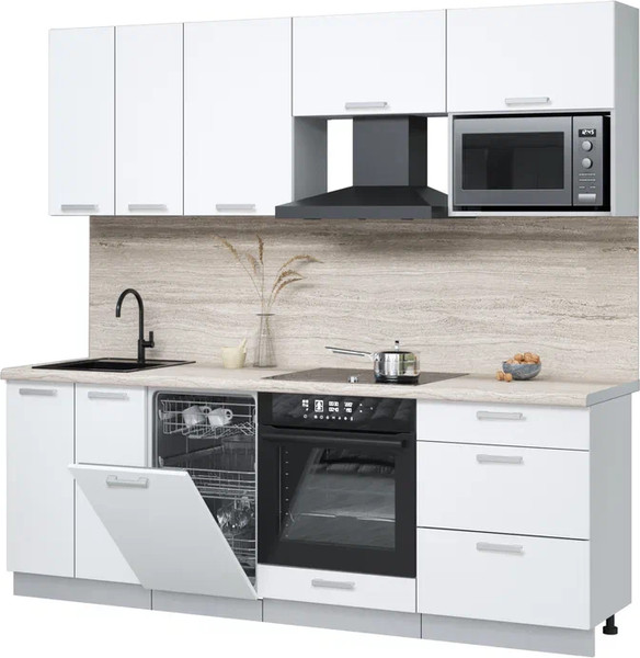 Изображение товара Кухонный гарнитур Интерлиния Мила Лайт 2.25-ПМ4 (белый платинум/белый платинум/травертин серый)