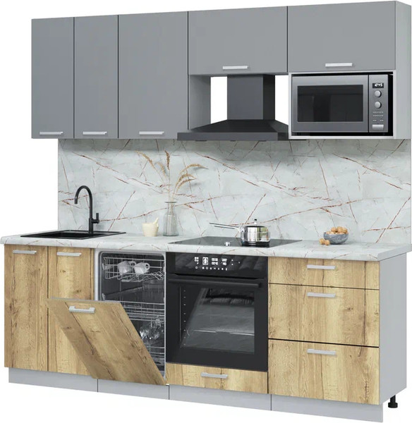 Изображение товара Кухонный гарнитур Интерлиния Мила Лайт 2.25-ПМ4  (серебро/дуб золотой/серый каспий)