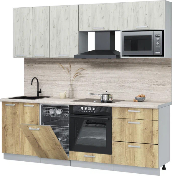 Изображение товара Кухонный гарнитур Интерлиния Мила Лайт 2.25-ПМ4 (дуб белый/дуб золотой/травертин серый)