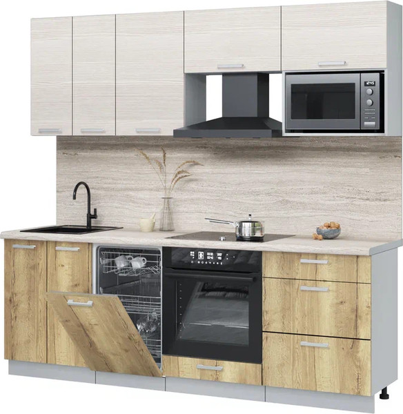 Изображение товара Кухонный гарнитур Интерлиния Мила Лайт 2.25-ПМ4  (вудлайн кремовый/дуб золотой/травертин серый)
