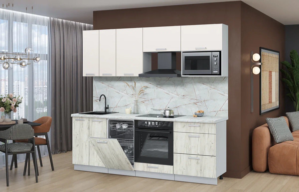 Изображение товара Кухонный гарнитур Интерлиния Мила Лайт 2.25-ПМ4 (персидский жемчуг/дуб белый/серый каспий)