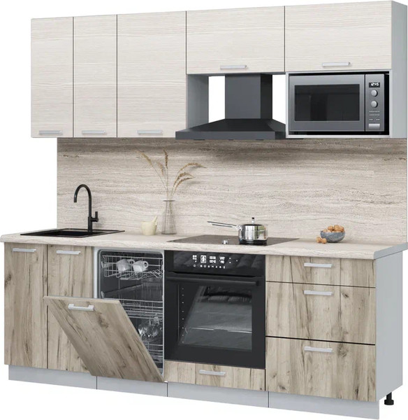 Изображение товара Кухонный гарнитур Интерлиния Мила Лайт 2.25-ПМ4 (вудлайн кремовый/дуб серый/травертин серый)