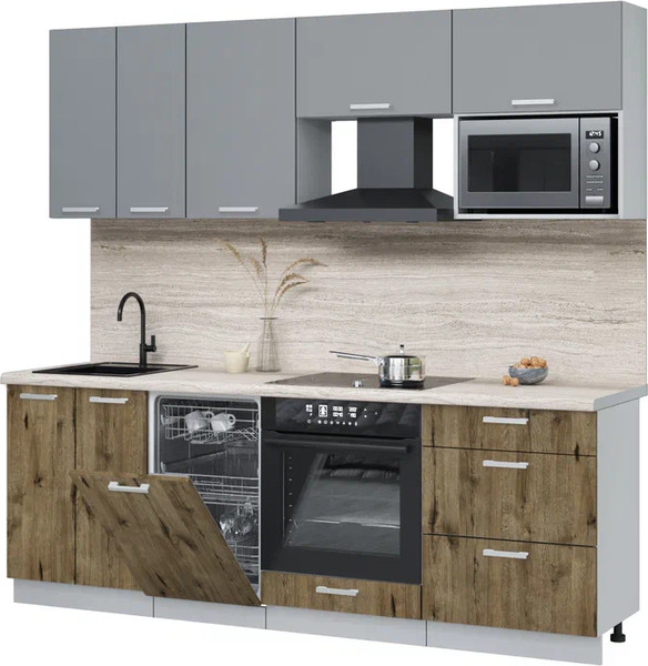 Изображение товара Кухонный гарнитур Интерлиния Мила Лайт 2.25-ПМ4  (серебро/дуб веллингтон/травертин серый)