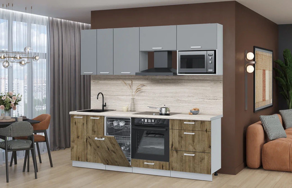 Изображение товара Кухонный гарнитур Интерлиния Мила Лайт 2.25-ПМ4  (серебро/дуб веллингтон/травертин серый)