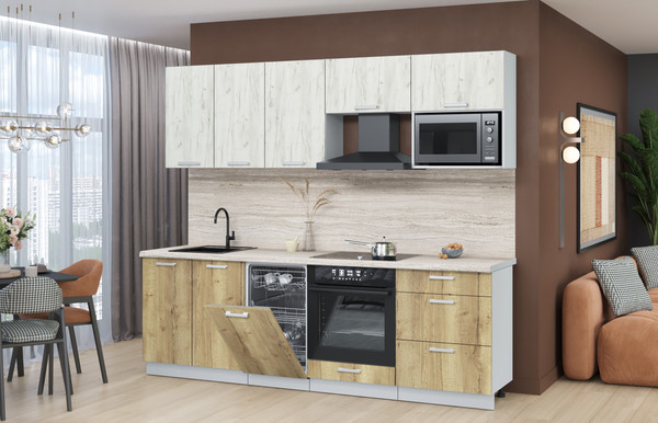 Изображение товара Кухонный гарнитур Интерлиния Мила Лайт 2.45-ПМ4  (дуб белый/дуб золотой/травертин серый)