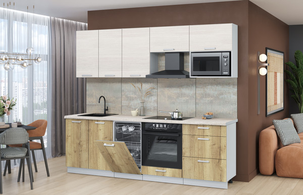 Изображение товара Кухонный гарнитур Интерлиния Мила Лайт 2.45-ПМ4  (вудлайн кремовый/дуб золотой/травертин серый)