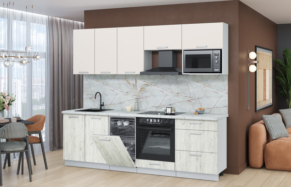 Изображение товара Кухонный гарнитур Интерлиния Мила Лайт 2.45-ПМ4  (персидский жемчуг/дуб белый/серый каспий)