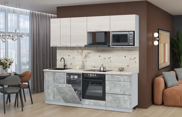 Изображение товара Кухонный гарнитур Интерлиния Мила Лайт 2.25-ПМ4  (вудлайн кремовый/бетон/бискайская сосна)