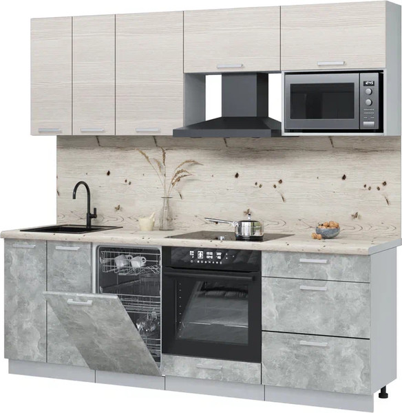 Изображение товара Кухонный гарнитур Интерлиния Мила Лайт 2.25-ПМ4  (вудлайн кремовый/бетон/бискайская сосна)