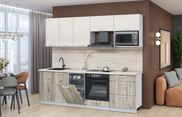 Изображение товара Кухонный гарнитур Интерлиния Мила Лайт 2.45-ПМ4 (вудлайн кремовый/дуб серый/травертин серый)