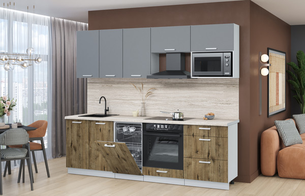 Изображение товара Кухонный гарнитур Интерлиния Мила Лайт 2.45-ПМ4 (серебро/дуб веллингтон/травертин серый)