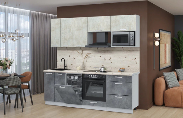 Изображение товара Кухонный гарнитур Интерлиния Мила Лайт 2.25-ПМ4 (бетон лайт/бетон портленд/бискайская сосна)