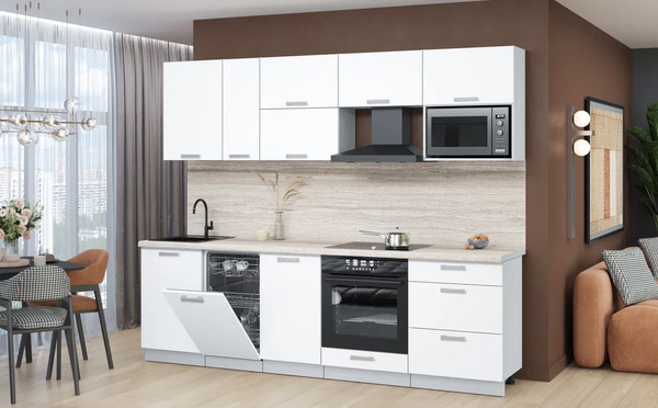 Изображение товара Кухонный гарнитур Интерлиния Мила Лайт 2.6-ПМ4  (белый платинум/белый платинум/травертин серый)