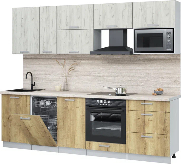 Изображение товара Кухонный гарнитур Интерлиния Мила Лайт 2.6-ПМ4 (дуб белый/дуб золотой/травертин серый)