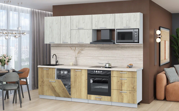 Изображение товара Кухонный гарнитур Интерлиния Мила Лайт 2.6-ПМ4 (дуб белый/дуб золотой/травертин серый)