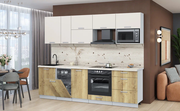 Изображение товара Кухонный гарнитур Интерлиния Мила Лайт 2.6-ПМ4 (персидский жемчуг/дуб золотой/бискайская сосна)