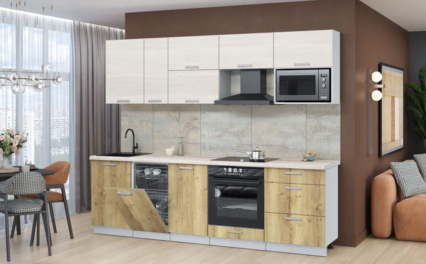 Изображение товара Кухонный гарнитур Интерлиния Мила Лайт 2.6-ПМ4  (вудлайн кремовый/дуб золотой/травертин серый)